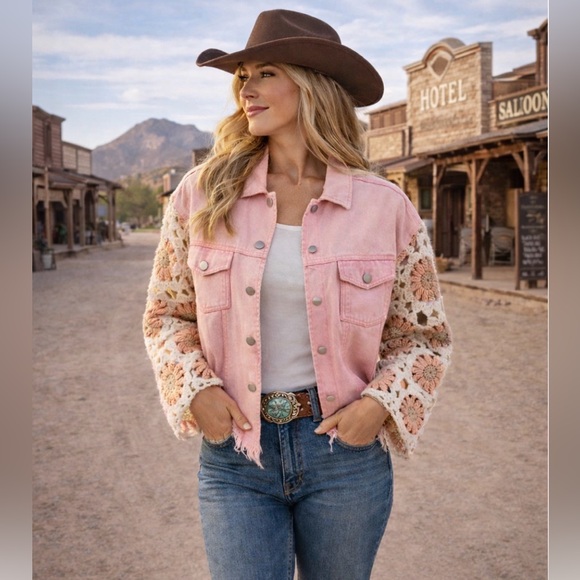 BIBI Pink Washed Denim Jacket Crochet Granny Square Sleeves Boho Cowgirl SZ SM - Picture 16 of 16